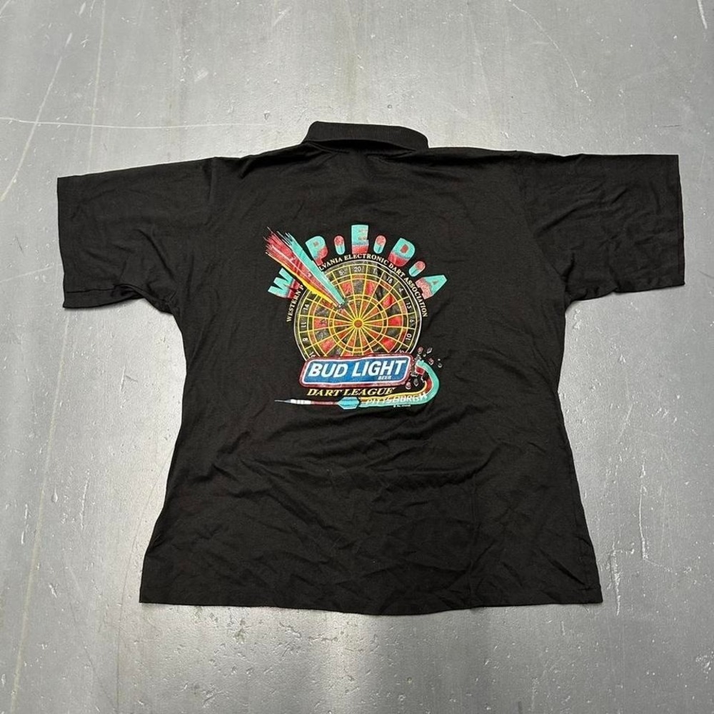 Vintage 80s Bud light dart league graphic black polo shirt